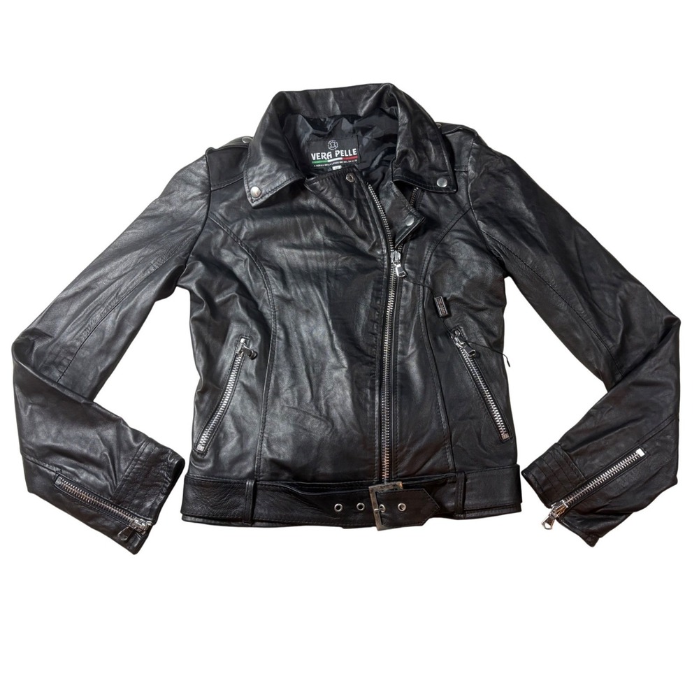 Vera Pelle Moto Jacket Women 42 Black Leather Biker Edgy Streetwear Italy